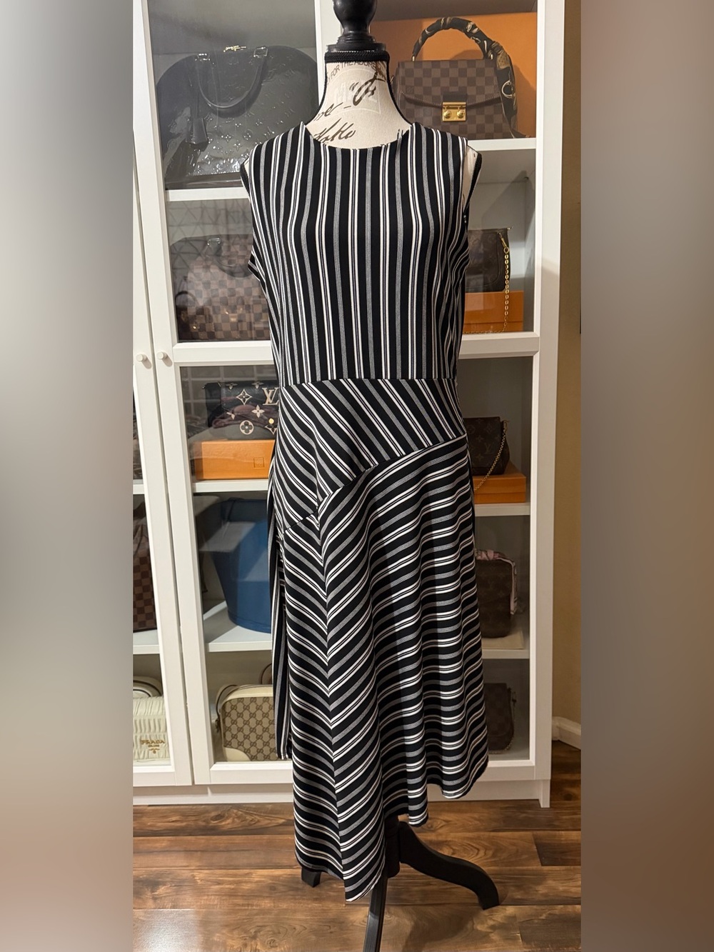 Banana Republic Black & White Striped Sleeveless Midi Dress